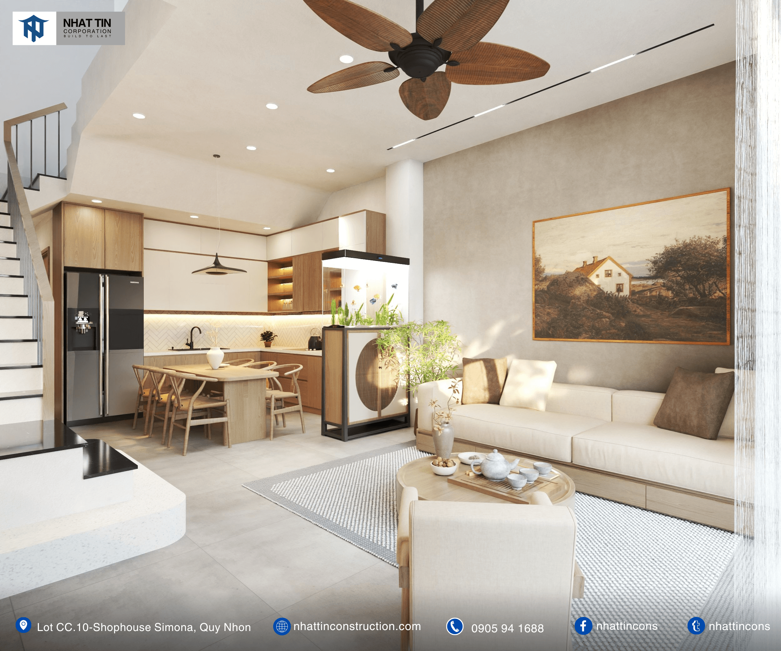 Phòng khách và phòng bếp liên thông với nhau
