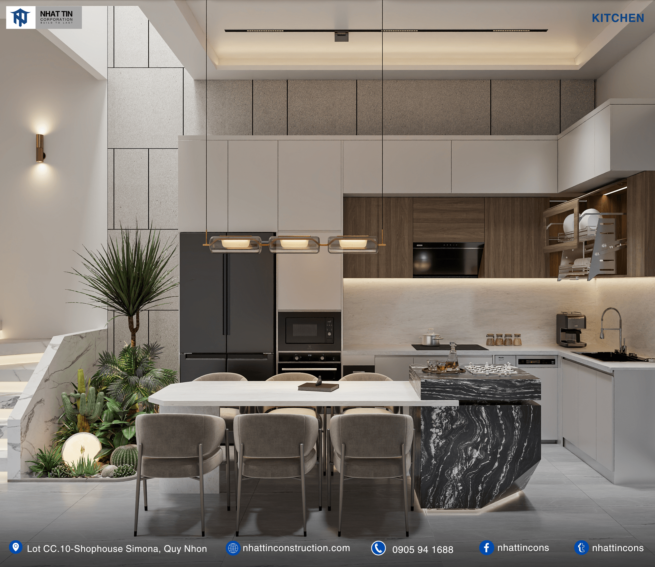 Thiết kế tủ bếp chữ L, đảo bếp tích hợp với bàn ăn
