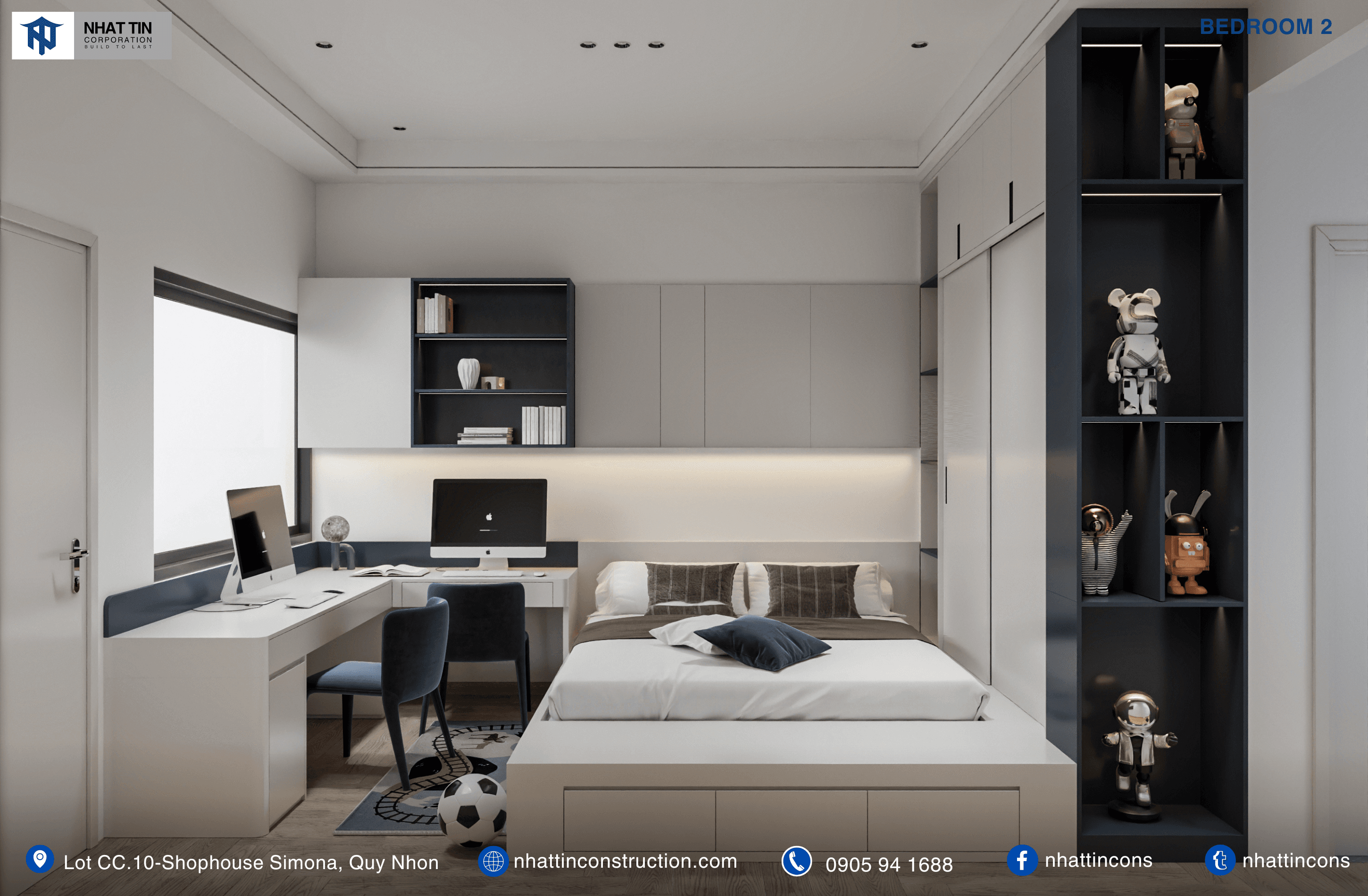 Phòng ngủ của bé trai với góc học tập thông minh