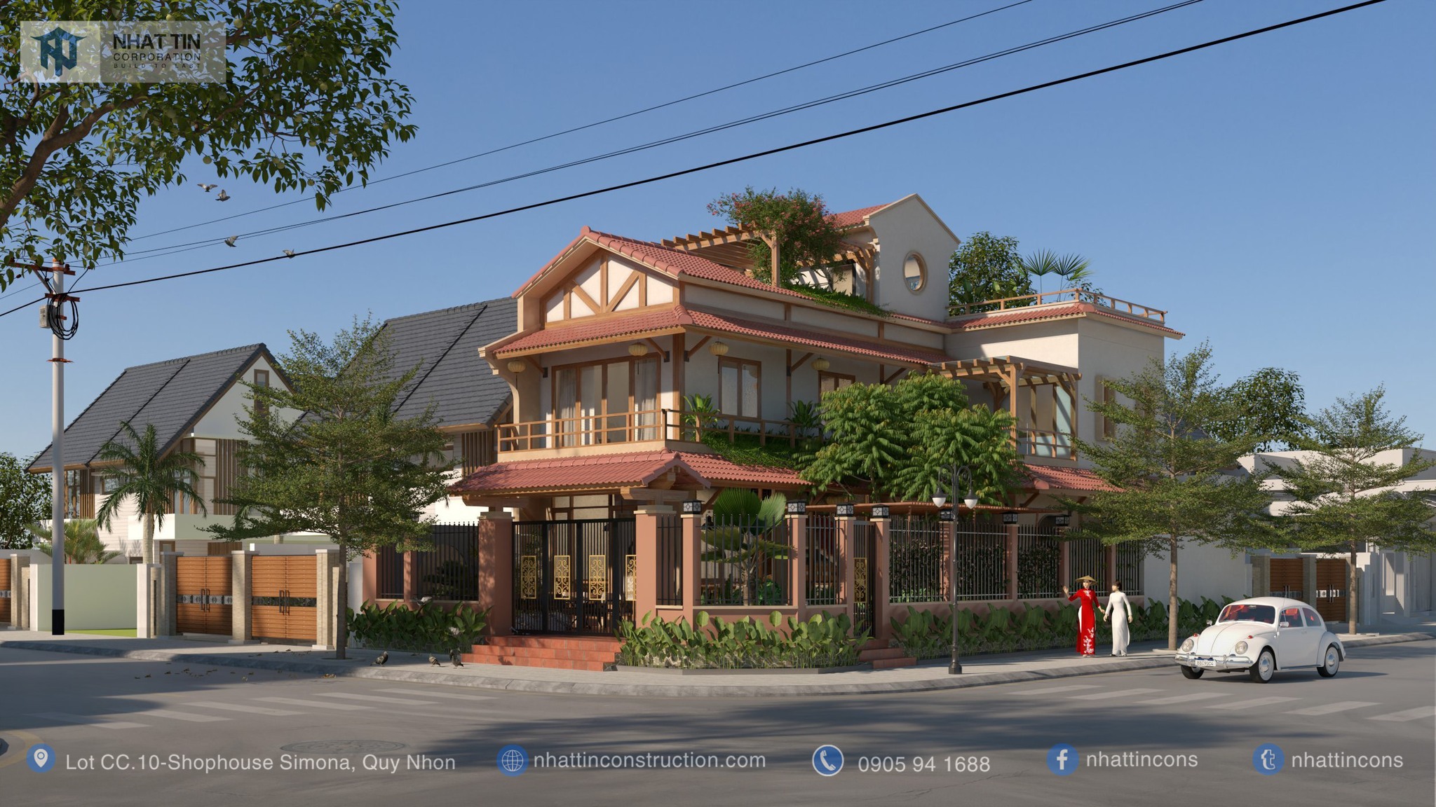 Thiết kế ngôi nhà mang đậm phong cách kiến trúc cổ điển với mái ngói đỏ tươi, cột gỗ chắc chắn và những đường nét hoa văn tinh xảo. Tone màu trầm ấm tạo nên cảm giác gần gũi và thân thuộc cho người nhìn. Đặc biệt, KTS Nhất Tín còn kết hợp khéo léo với những yếu tố hiện đại để tạo nên một không gian sống tiện nghi và thoải mái.