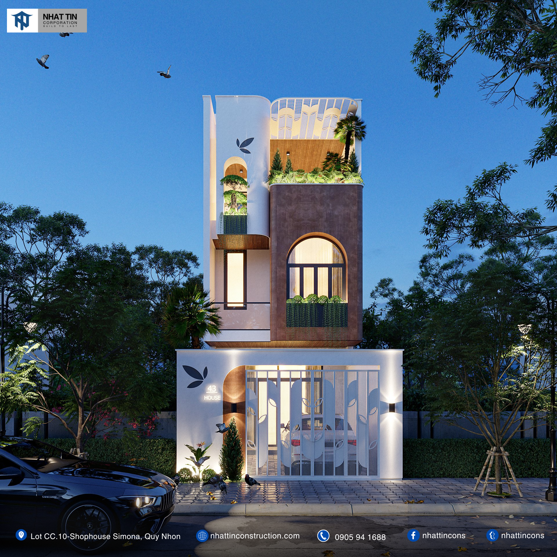 X's house - nhà phố 2 tầng 1 tum gây ấn tượng với mặt tiền sang trọng. Những đường nét uốn lượn ở cửa sổ, ban công giúp tổng thể mang vẻ đẹp uyển chuyển, mềm mại. Thêm một điểm nhấn đặc biệt của công trình này là chi tiết chiếc lá cách điệu được bố trí ở khu vực cổng và tầng tum.