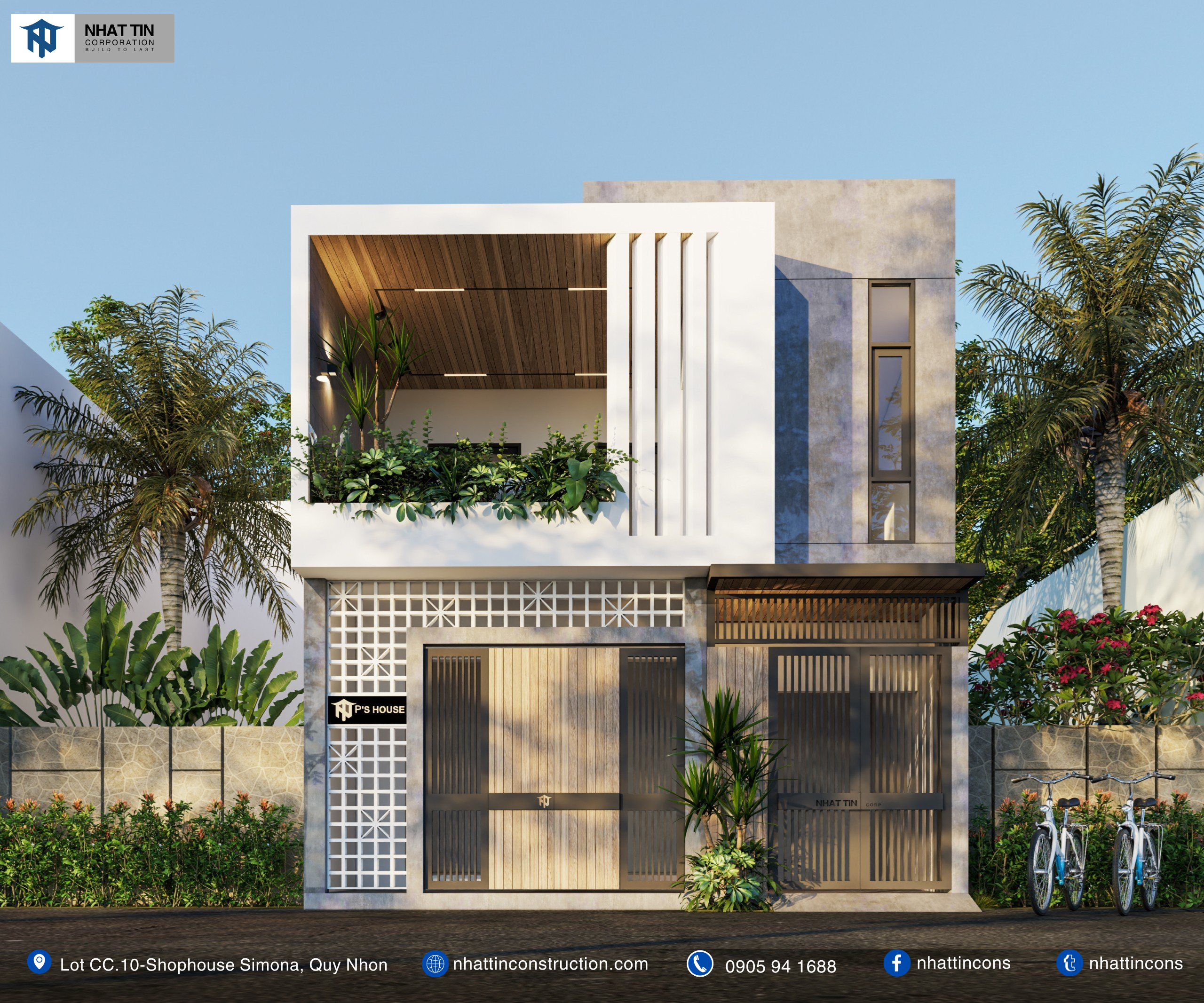 P's house sở hữu vẻ ngoài hiện đại, tinh tế với những hình khối vuông vức xếp chồng lên nhau. KTS đã khéo léo kết hợp chất liệu hiện đại cùng gạch bông thông gió ở tầng 1 để ngôi nhà luôn thoáng đãng. Các mảng xanh cũng được tích hợp khéo léo giúp tổng thể thêm phần tươi mát.