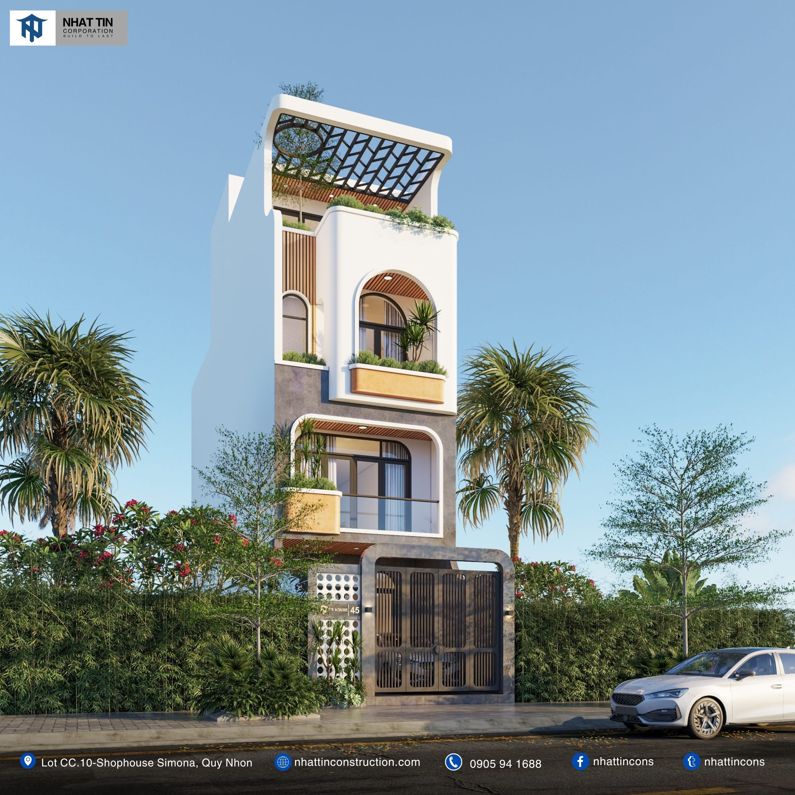 Mặt tiền của ngôi nhà sử dụng các hình dạng vòng cung mềm mại kết hợp với các khối vuông mạnh mẽ.