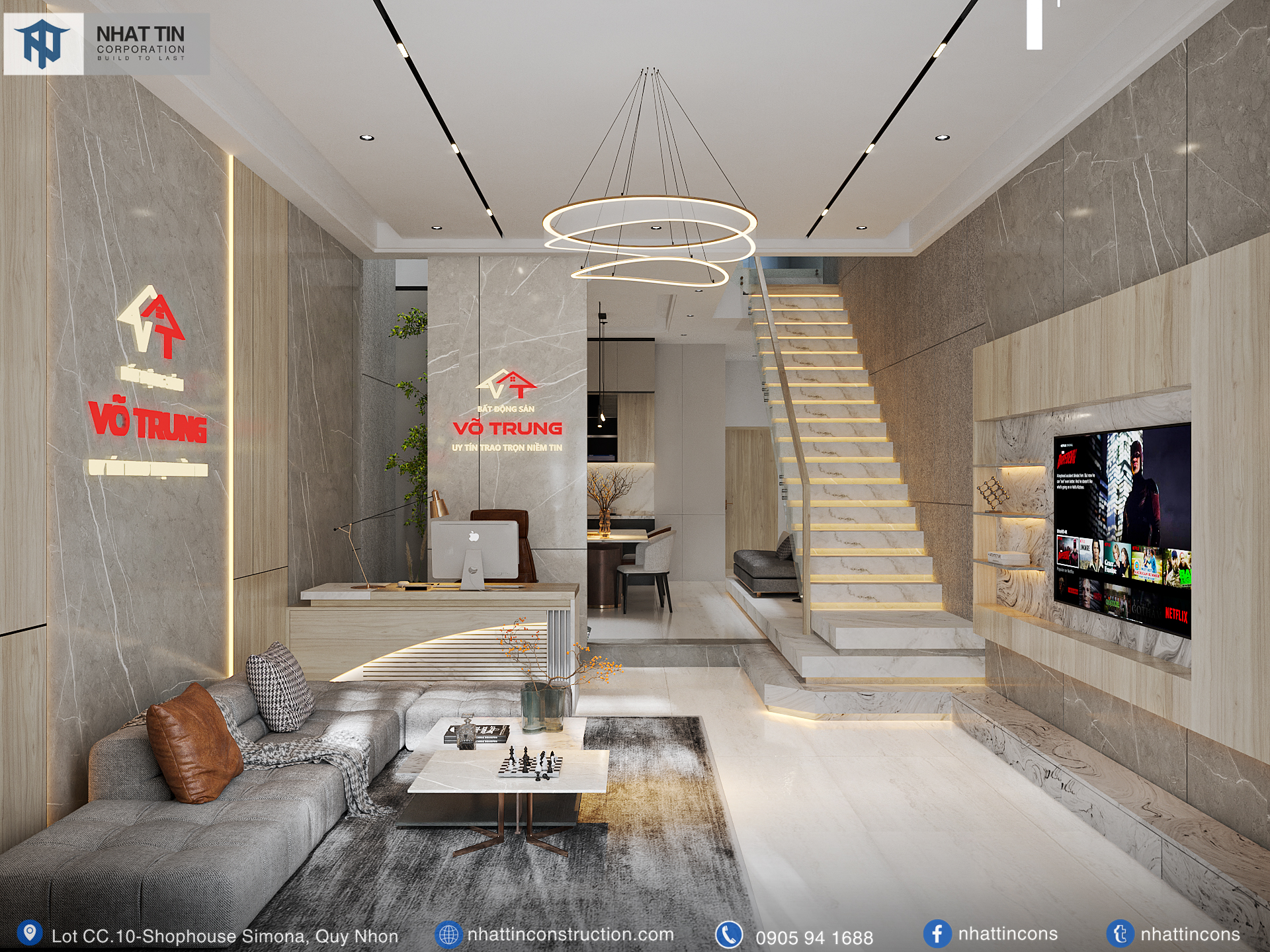 Tầng 1 của Trung’s house là phòng khách + khu vực kinh doanh. Tầng 2 và tầng 3 là hệ thống phòng ngủ, WC, phòng tập yoga, phòng thờ,...