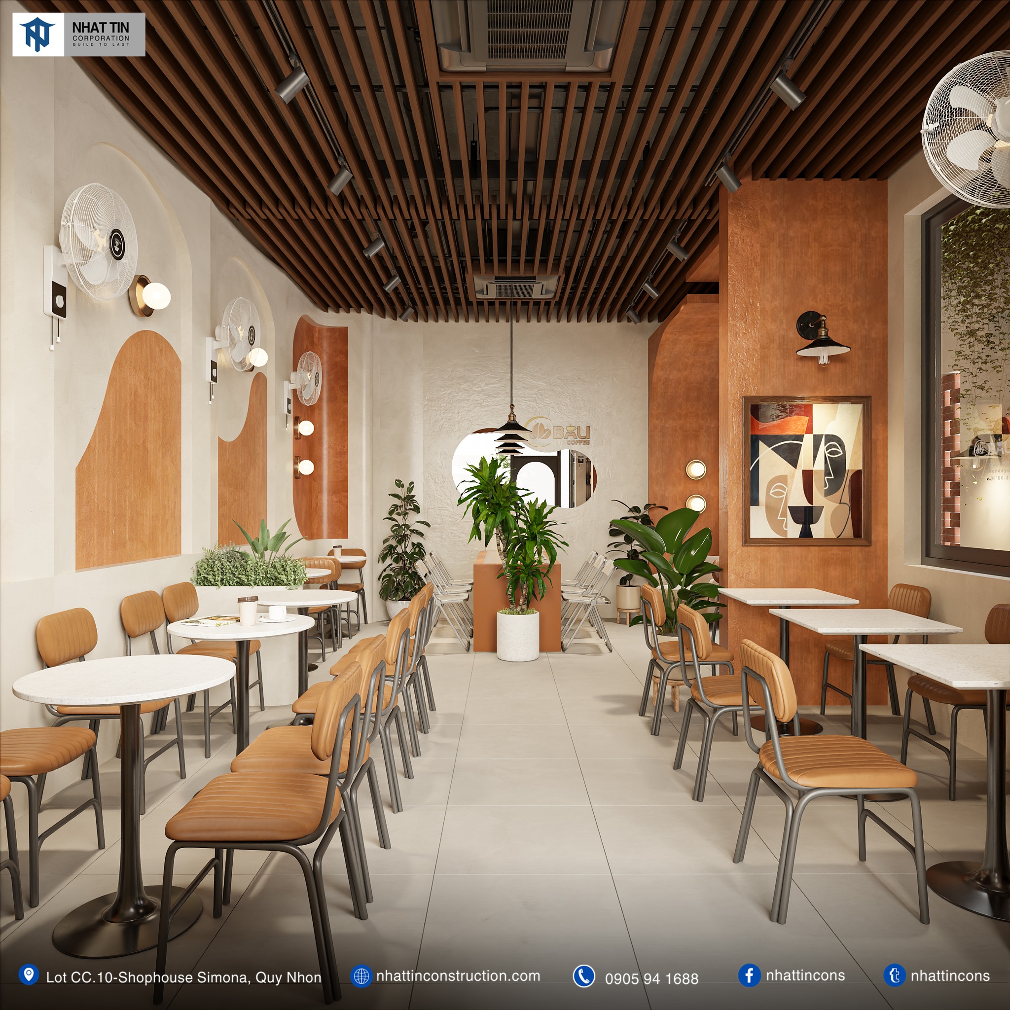 Nội thất mang đường nét tối giản với gam màu nâu ấm chủ đạo để tạo cảm giác gần gũi và thư giãn.