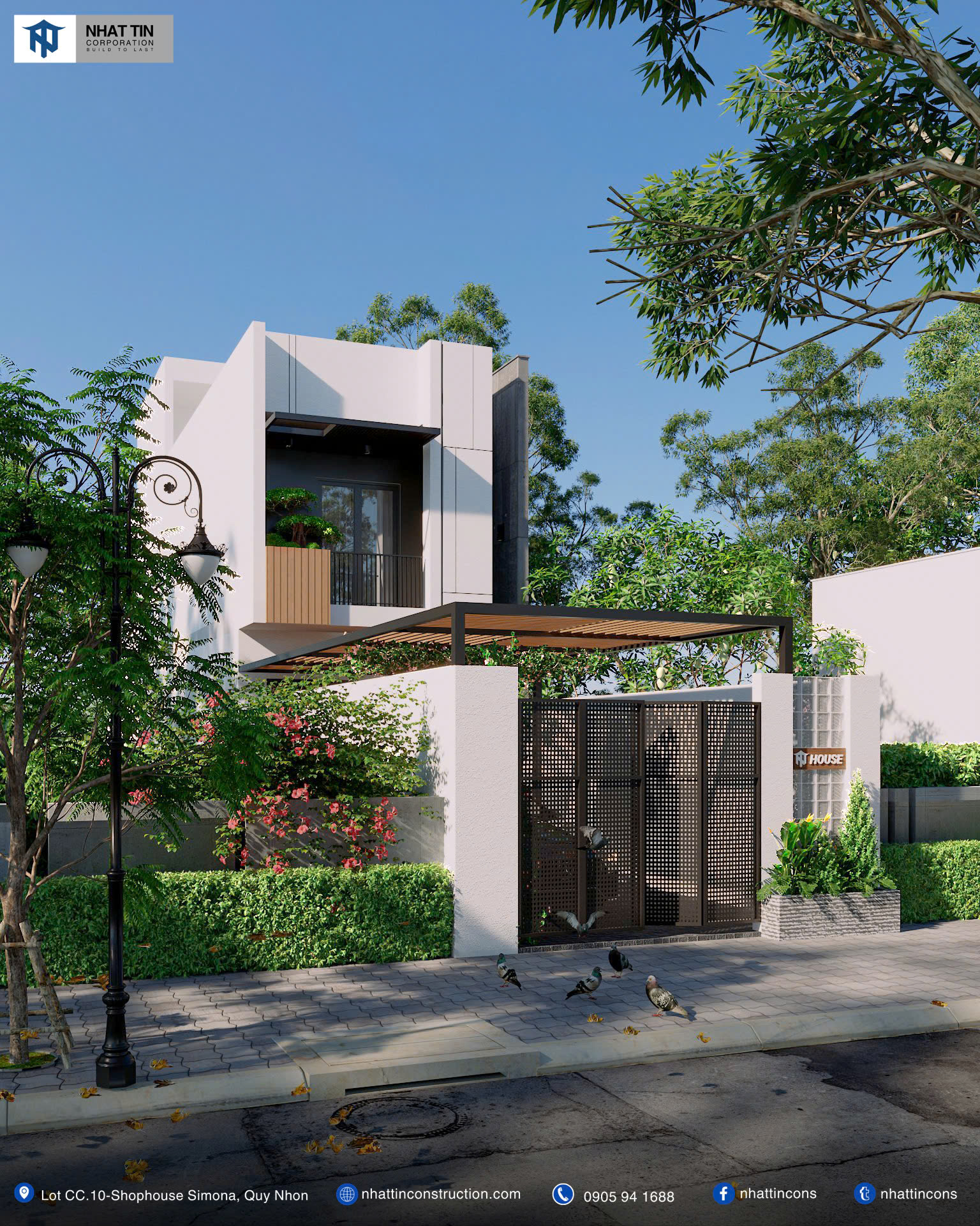 Từ xa nhìn lại, H’s house nổi bật với tone màu trắng chủ đạo, xen lẫn một chút ánh xám, gợi lên vẻ đẹp hiện đại và thanh thoát.