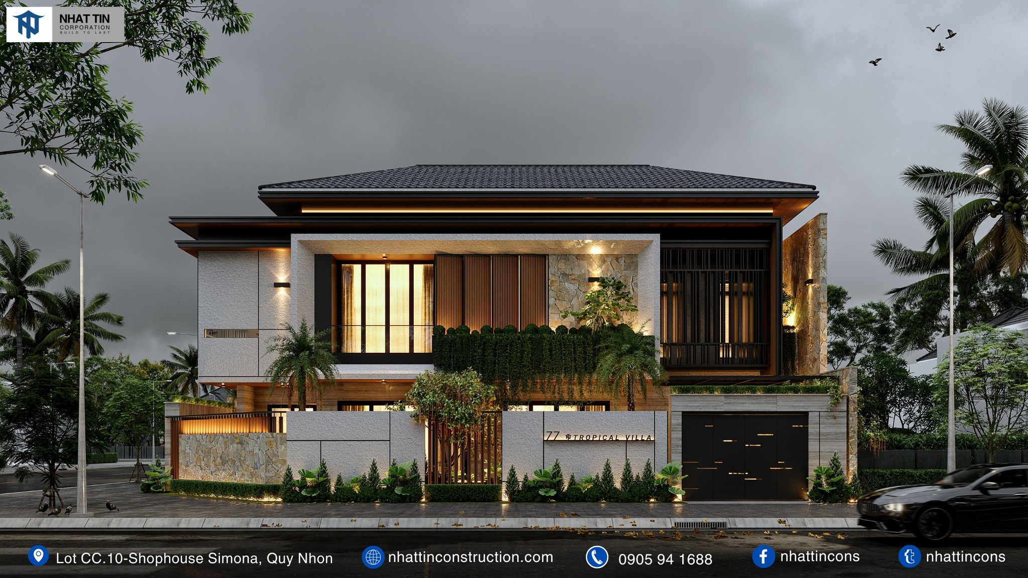 Villa được thiết kế theo phong cách tropical với sự kết hợp giữa các vật liệu tự nhiên nhiên đá, gỗ,...nhấn nhá thêm mảnh xanh mang lại không gian sống đẳng cấp, gần gũi