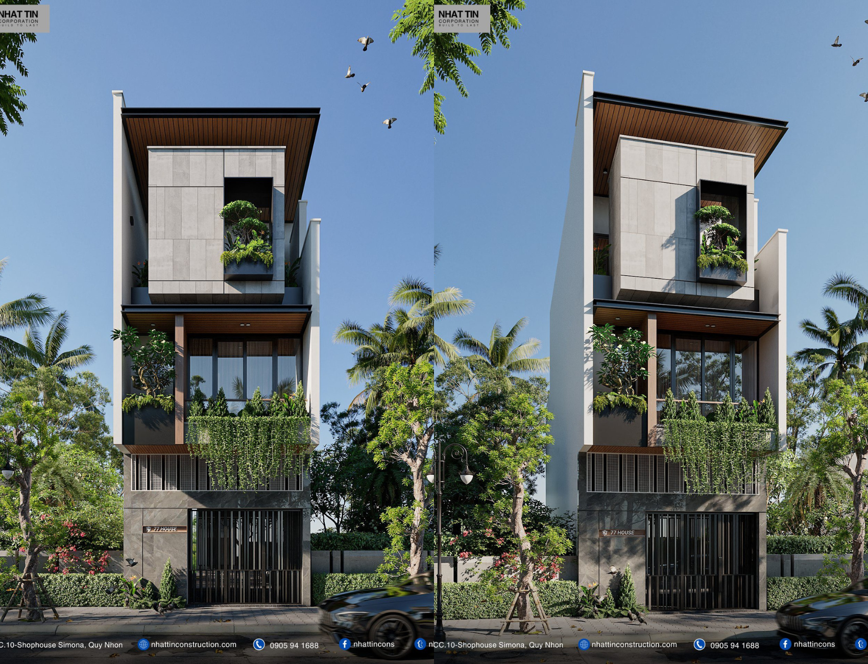 Ngôi nhà mang đậm dấu ấn của kiến trúc hiện đại với những hình khối vuông vắn, không quá cầu kỳ trong chi tiết. Sự kết hợp giữa tone màu xám ghi của bê tông và màu đen từ khung cửa, cổng và một số chi tiết trang trí tạo nên vẻ đẹp sang trọng, tinh tế. Tất nhiên, mặt tiền không thể nào thiếu những mảng xanh để trở nên sinh động và gần gũi với thiên nhiên.