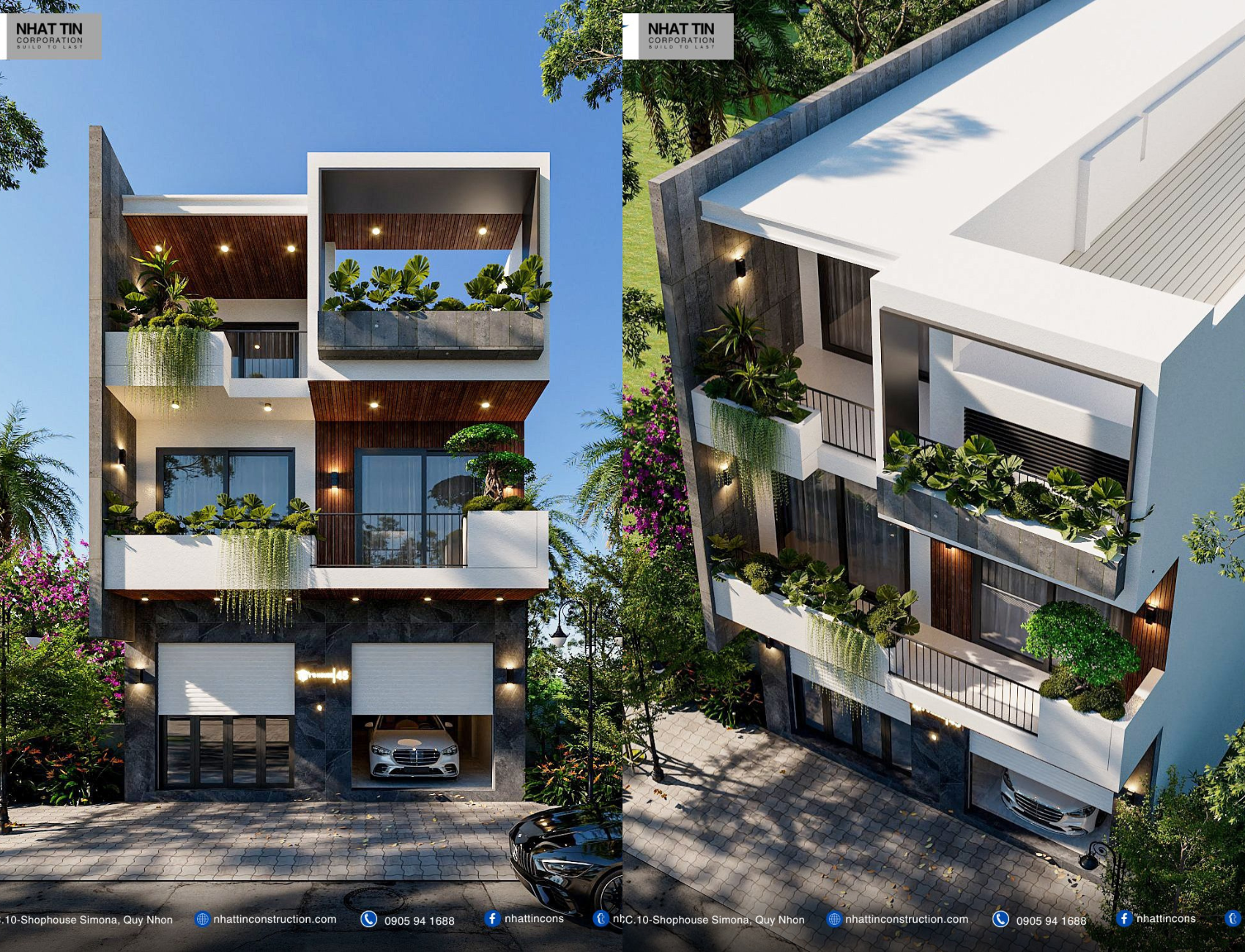 T’s house được lấy cảm hứng từ những hình khối vuông vức, kết hợp với mảng xanh được đặt ở những ban công đối xứng nhau. Mặt tiền công trình là sự kết hợp hài hòa giữa yếu tố màu sắc, cấu trúc và chi tiết. Hệ thống cửa sổ kính lớn giúp tận dụng tối đa ánh sáng tự nhiên, mang lại cảm giác thông thoáng cho ngôi nhà.
