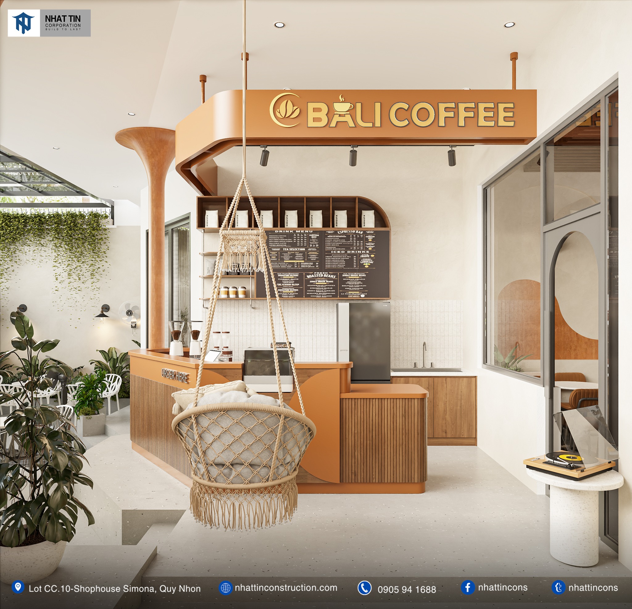 Bali Coffee sở hữu quầy pha chế có thiết kế mở, bên trong là khu vực máy lạnh cùng nội thất hiện đại. Việc sử dụng tone màu nâu ấm áp kết hợp với bàn ghế tối giản mang lại cảm giác thoải mái và sang trọng.