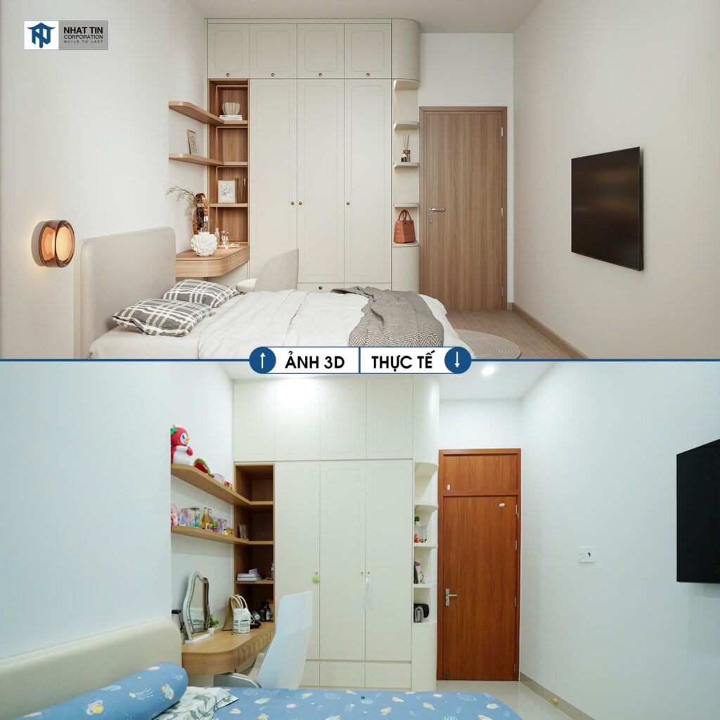 Hình ảnh 3D mô tả phòng ngủ, tủ quần áo và góc học tập.