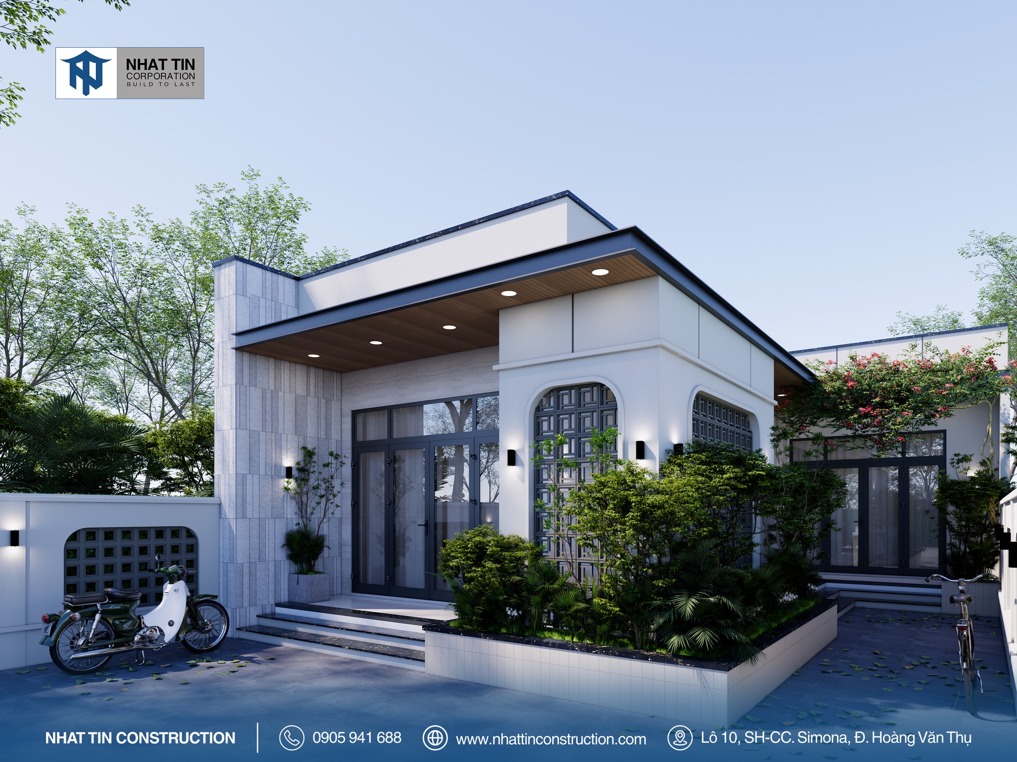 Ngôi nhà sử dụng những đường cong nhẹ nhàng ở khung cửa và phần vòm tường, giúp tổng thể trở nên mềm mại, duyên dáng mà vẫn hiện đại.