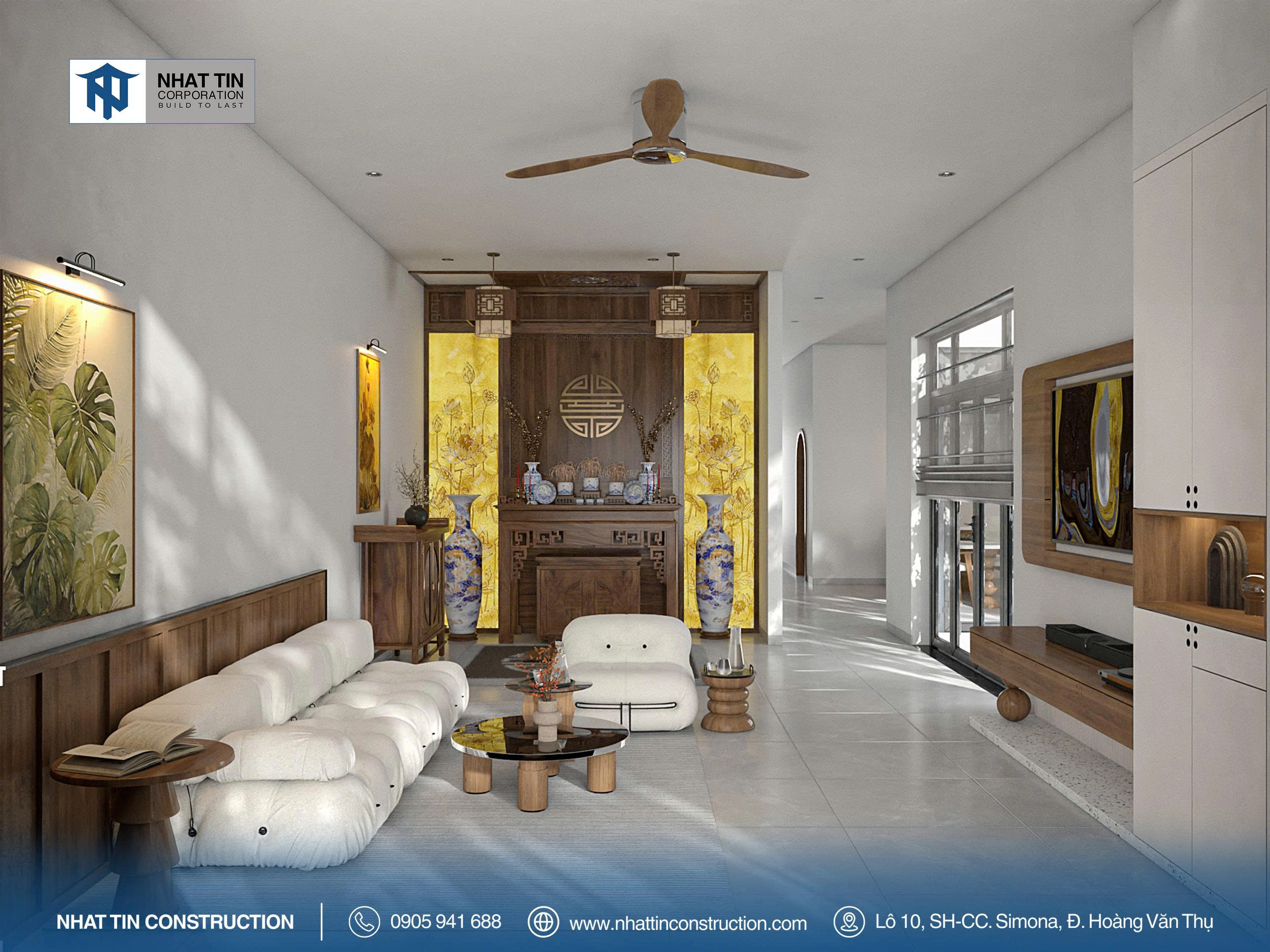 Sử dụng gỗ tự nhiên làm chất liệu chủ đạo, toàn bộ nội thất – từ bàn thờ, vách ngăn cho đến tủ trang trí – đều mang đậm phong cách Á Đông mộc mạc, ấm cúng