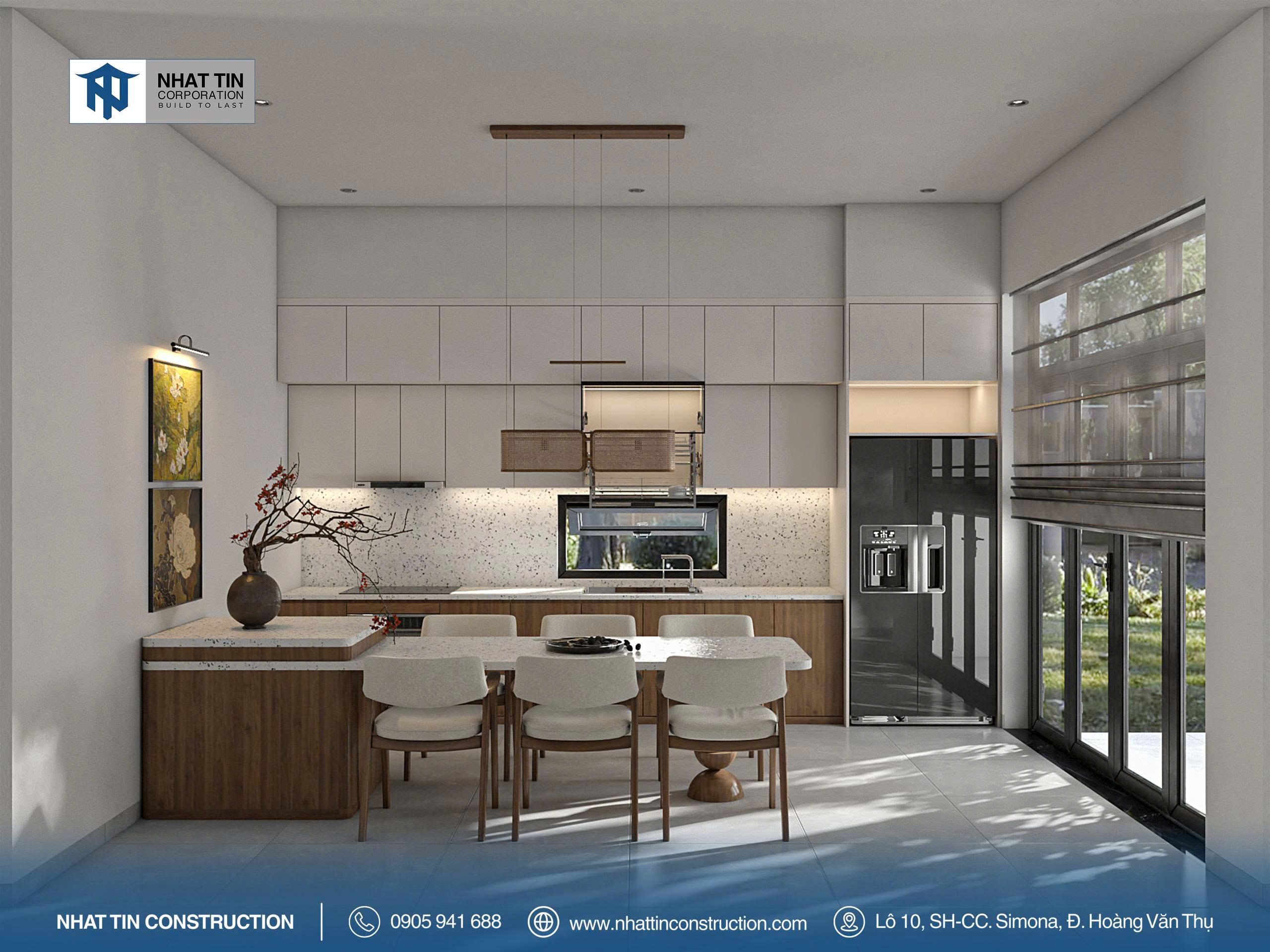 Phòng bếp và khu ăn uống sử dụng tone màu trung tính, tủ bếp gỗ tự nhiên kết hợp mặt đá tối giản
