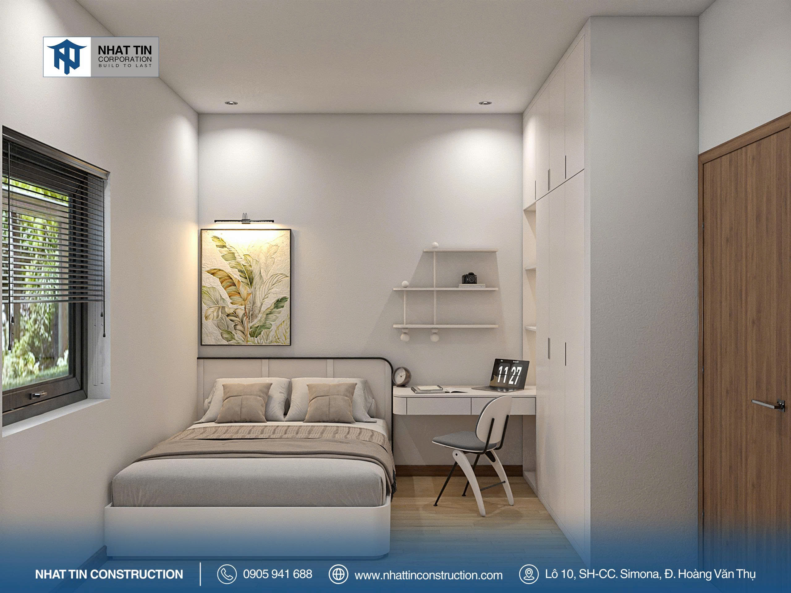 Phòng ngủ thứ 2 được bố trí với chiếc giường gỗ thấp, cùng hệ cửa sổ lấy sáng tự nhiên mang lại cảm giác mở rộng không gian