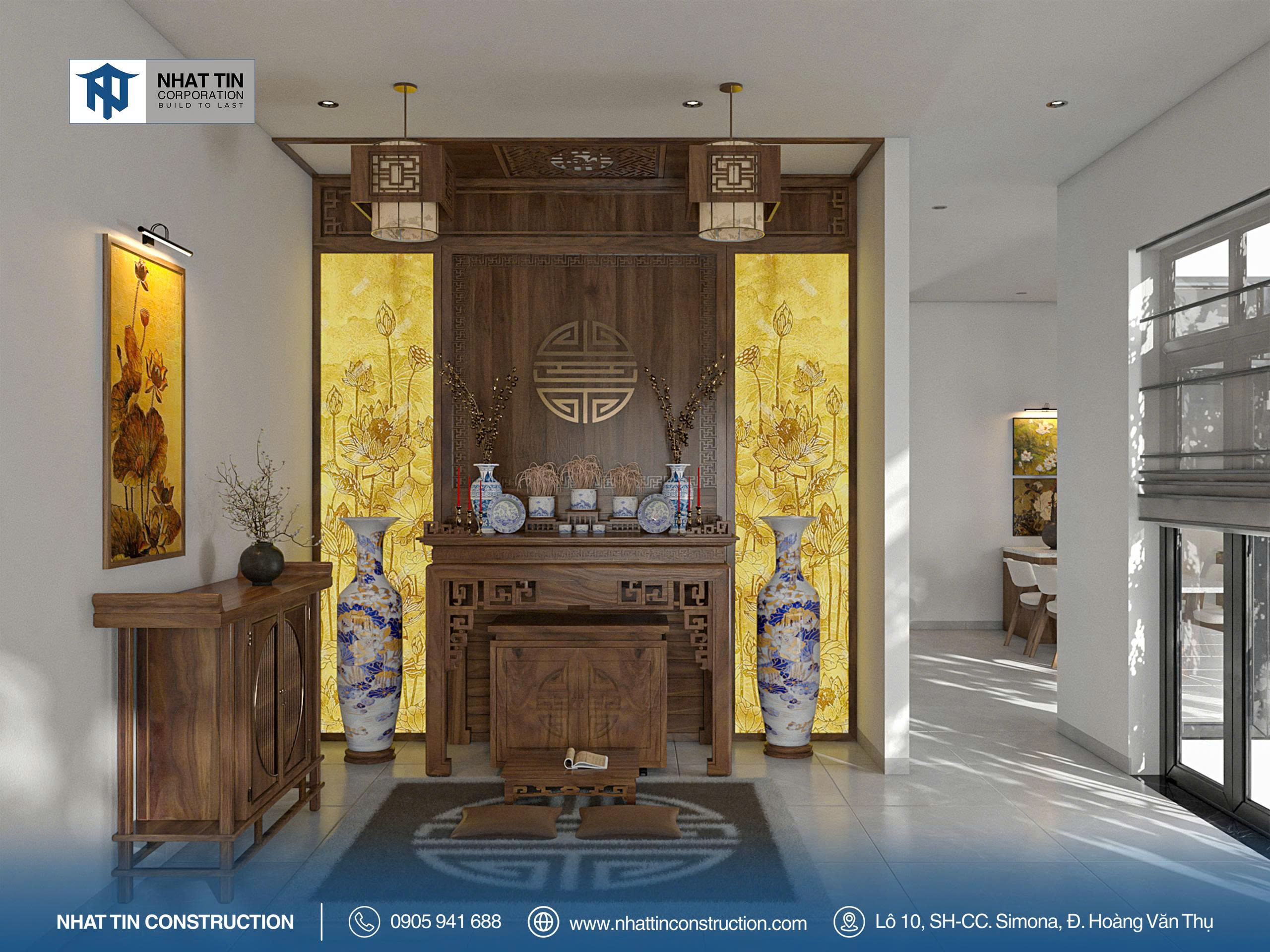 Phòng thờ được bố trí trang trọng ngay trong không gian phòng khách nhưng vẫn đảm bảo được sự tách biệt và tôn nghiêm nhất định