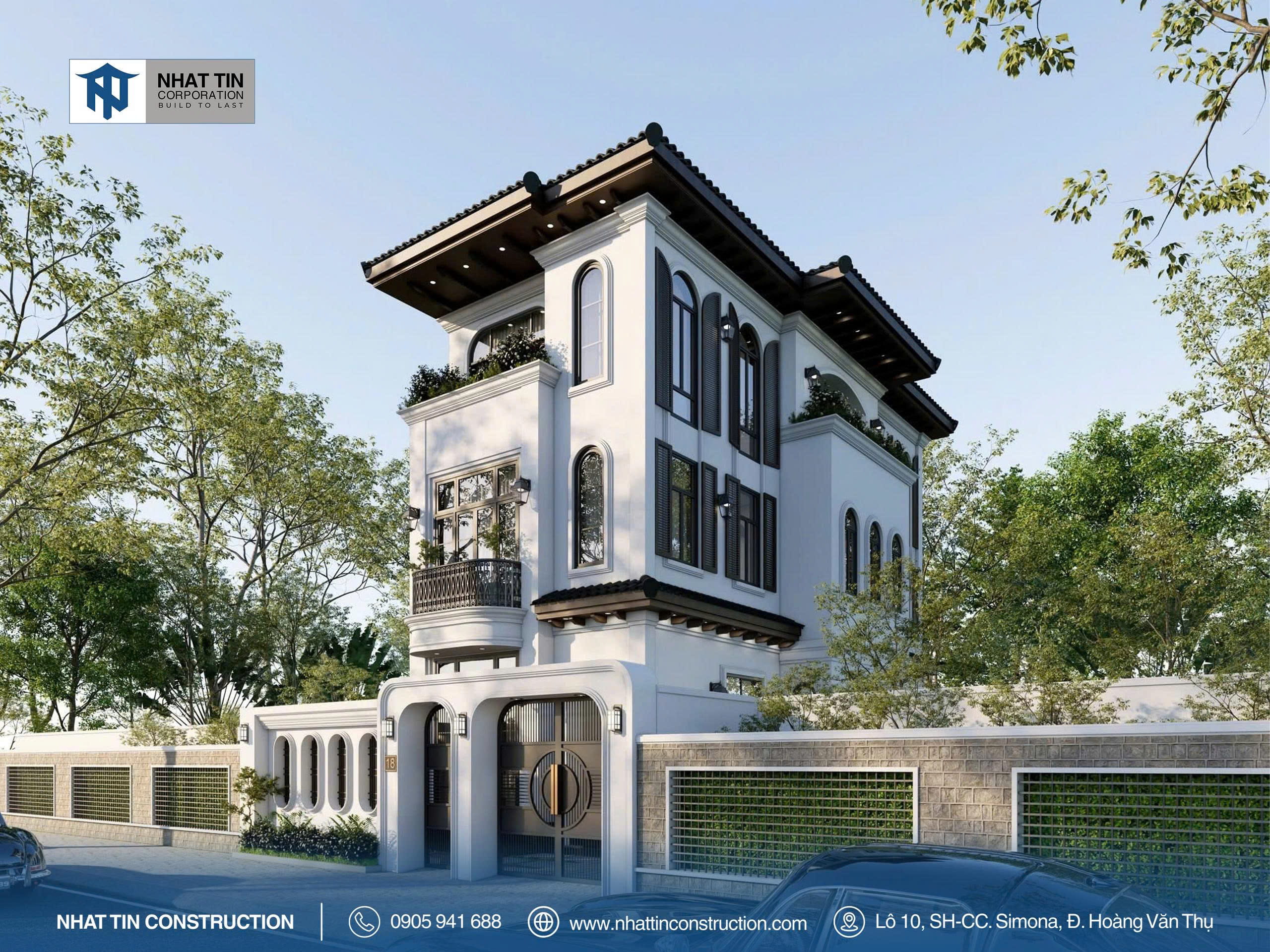Hình villa 3 tầng có cửa vòm, phào chỉ