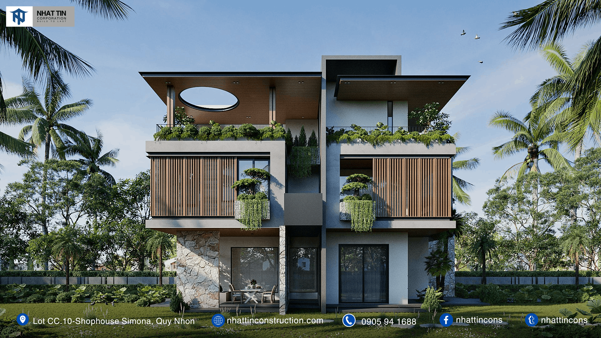 Hình villa nhiều cây xanh, ốp đá/gỗ