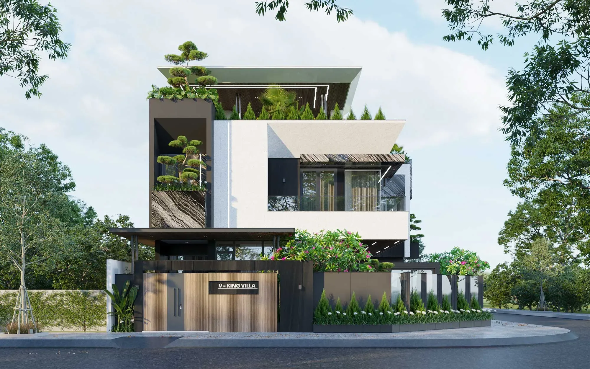Hình villa tông trắng - gỗ sáng màu